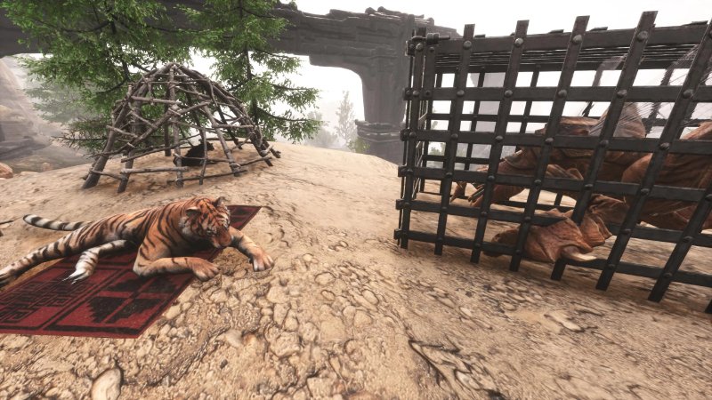 Two animals relax in Conan Exiles using the Animal Taming Cage mod