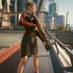 V holding a shotgun in Cyberpunk 2077