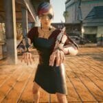 V poses on the boardwalk in Cyberpunk 2077