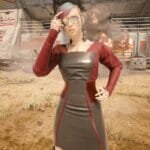 V poses near an explosion in Cyberpunk 2077