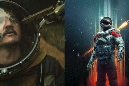 A shot from Prospect and the poster from Starfield side-by-side