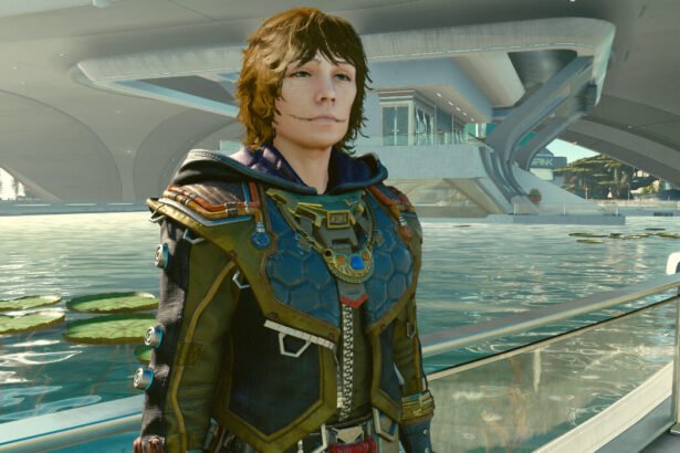 The Starborn stands by a pool in New Atlantis in Starfield